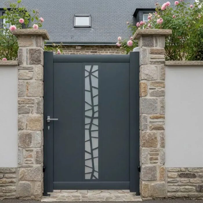 Portillon aluminium JAM gris anthracite entre deux piliers en pierre