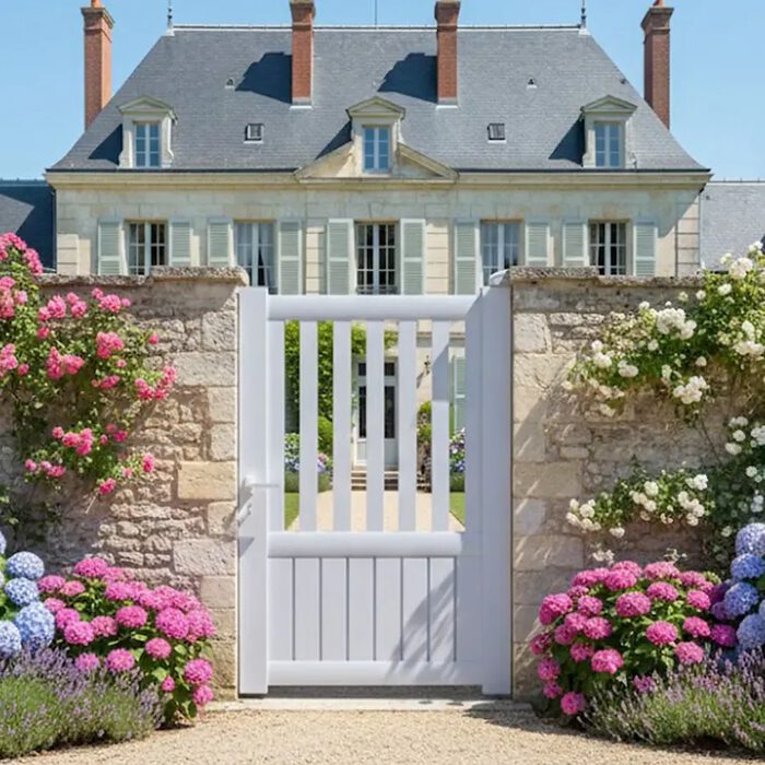 Portillon aluminium KIN blanc devant une maison fleurie