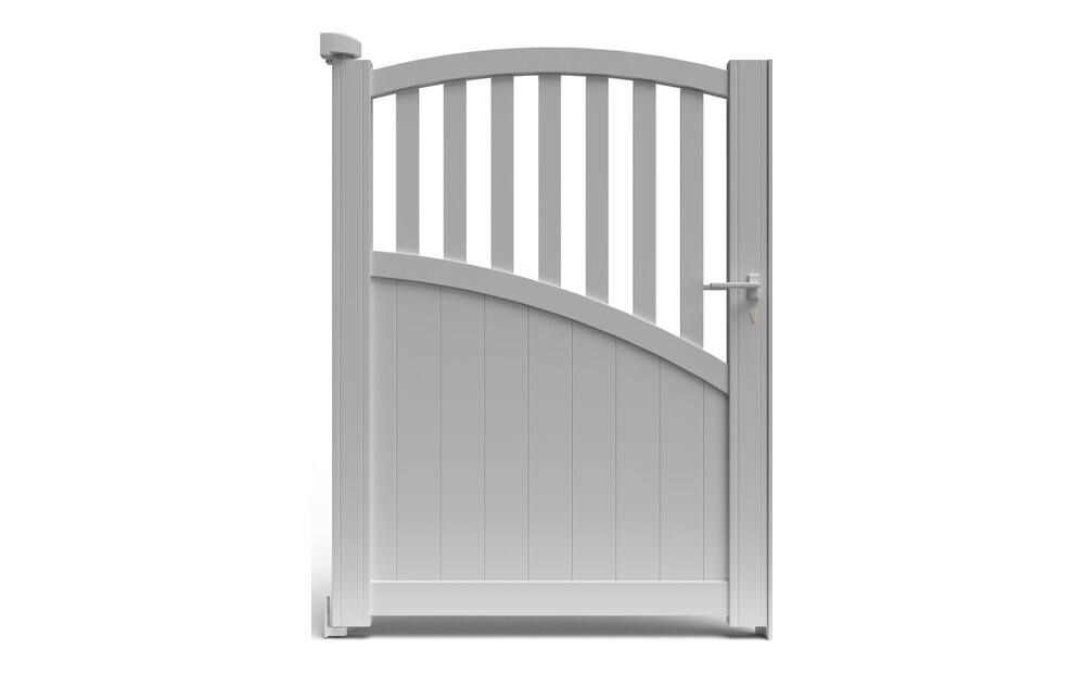 Portillon aluminium LANZA à 1 vantail, traverse haute cintrée, barreaux ajourés et remplissage plein