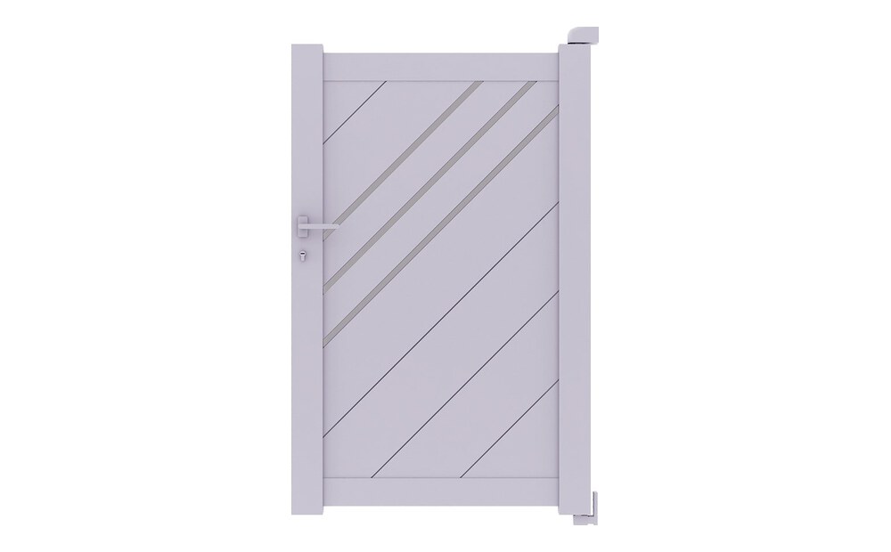 Portillon aluminium LESM à 1 vantail, lames posées en biais avec décors en aluminium brossé