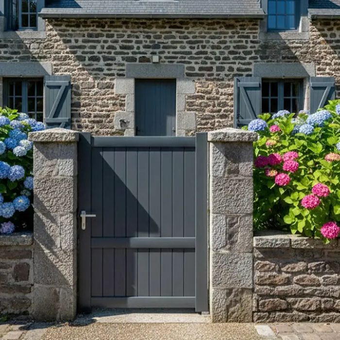 Portillon aluminium MEL gris anthracite devant une maison en pierre