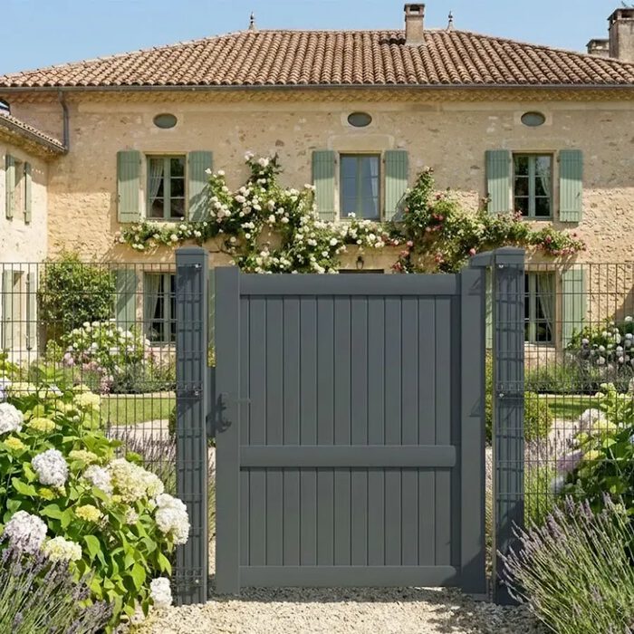 Portillon aluminium MEL gris anthracite devant une maison fleurie