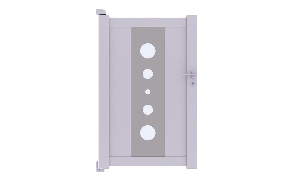 Portillon aluminium MIL à 1 vantail, panneau décoratif avec ronds en verre acrylique opale