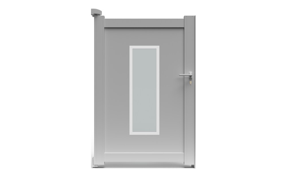 Portillon aluminium ORC à 1 vantail, panneau décoratif avec décor droit en vitrage opaque
