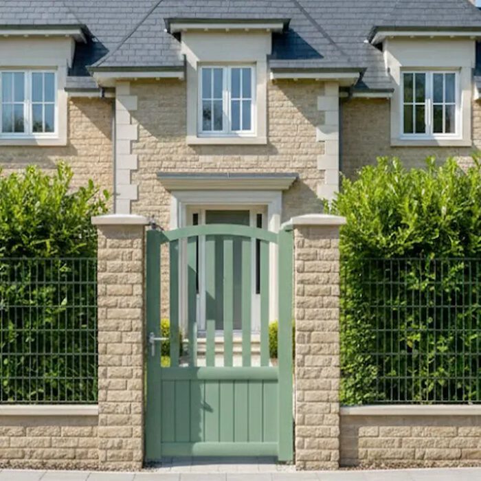 Portillon aluminium PIL vert amande devant une maison de maître
