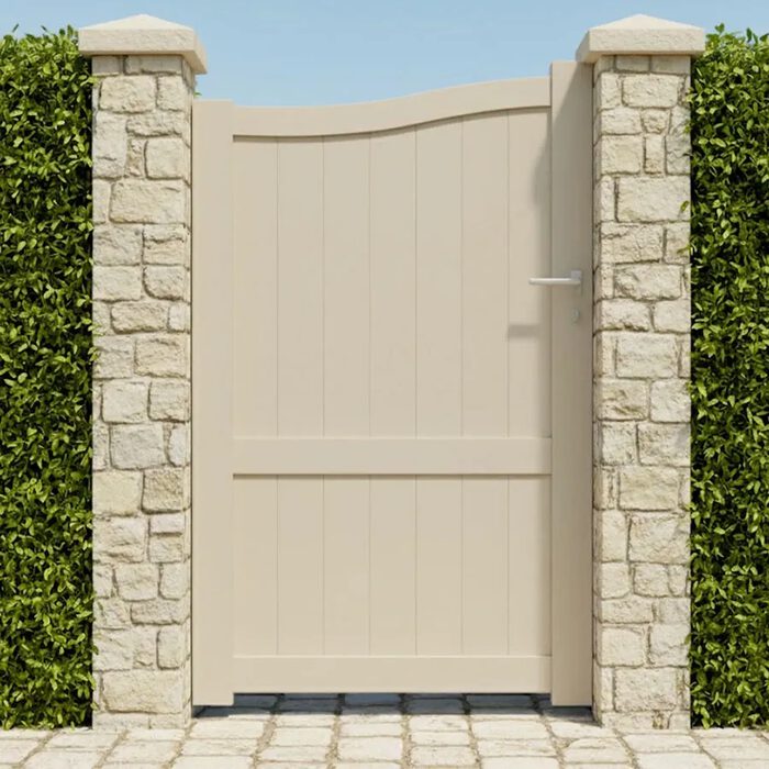 Portillon aluminium PLATA beige entre deux piliers en pierre