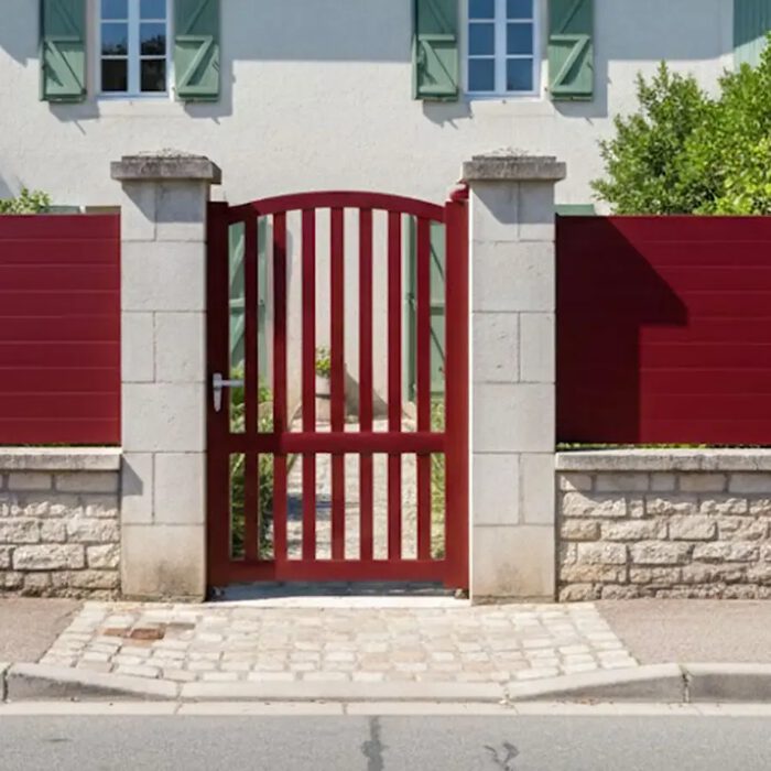 Portillon aluminium ROC rouge devant un mur en pierre