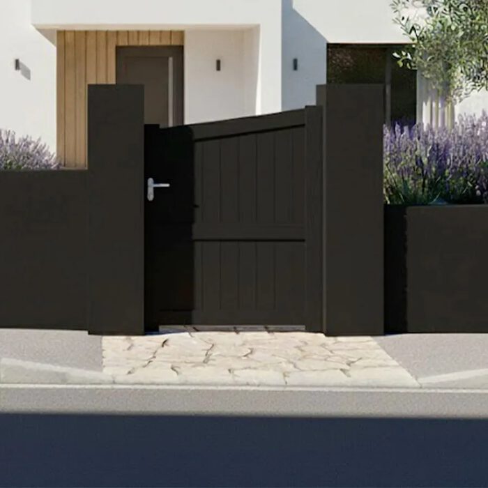 Portillon aluminium ROSE gris anthracite devant une maison contemporaine