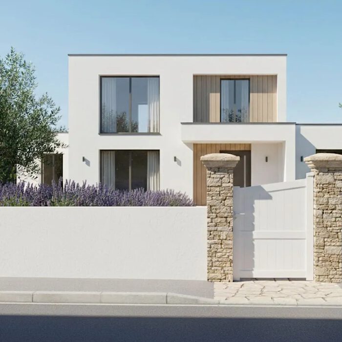 Portillon aluminium ROSE blanc devant une maison blanche