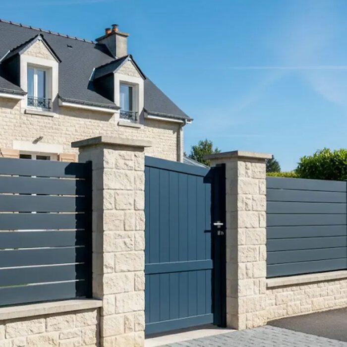 Portillon aluminium SEA bleu ardoise avec sa clôture assortie