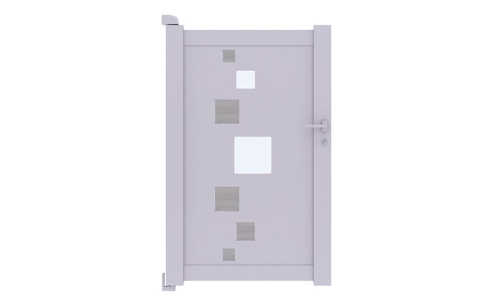 Portillon aluminium SOM à 1 vantail, panneau décoratif avec carrés en aluminium brossé et verre opale