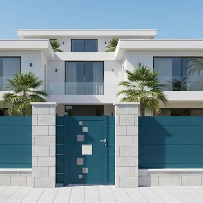 Portillon aluminium SOM bleu canard devant une villa contemporaine