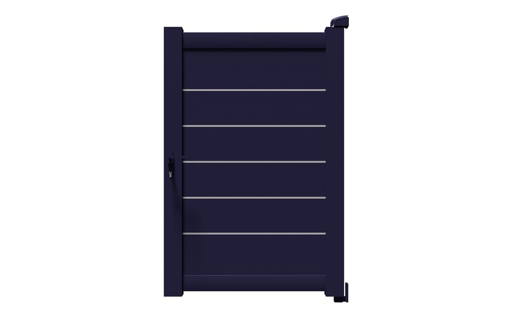 Portillon aluminium TAY à 1 vantail, lames horizontales et décors en aluminium brossé