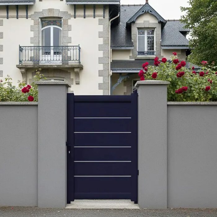 Portillon aluminium TAY bleu nuit devant une maison de maître