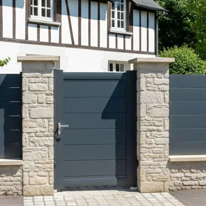 Portillon aluminium TIC gris anthracite entre deux piliers en pierre