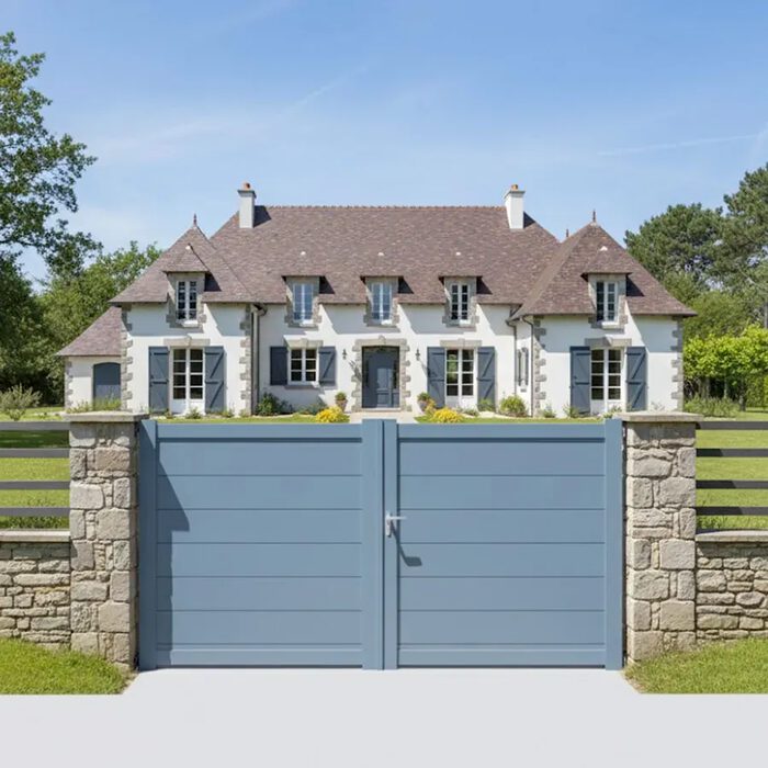 Portillon aluminium TIC bleu gris devant une maison de maître