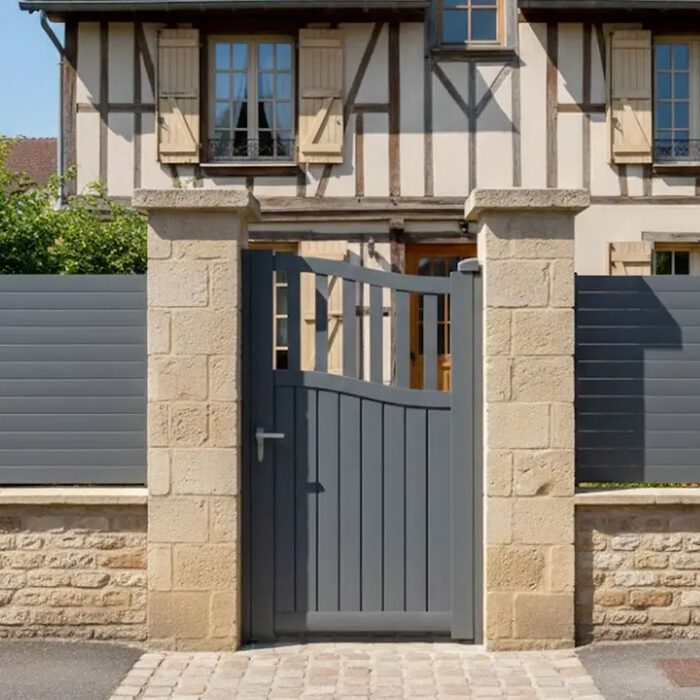 Portillon aluminium TOC gris anthracite devant une maison normande