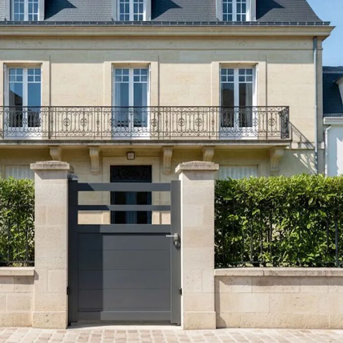 Portillon aluminium TROM gris anthracite devant une maison de maître