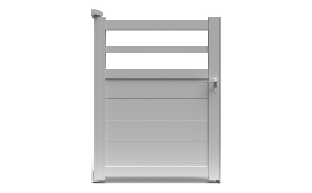 Portillon aluminium TROM à 1 vantail, bas plein en lames horizontales et partie haute ajourée