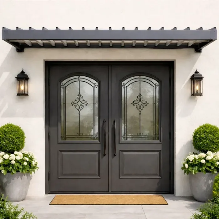 Auvent brise-soleil anthracite à lames orientables au-dessus d'une porte d'entrée noire à deux battants
