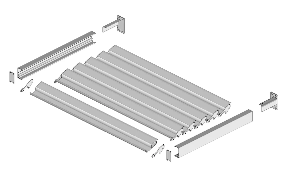 Vue éclatée de l'auvent brise-soleil à lames fixes : platines murales, profils latéraux, lames extrudées et bouchons