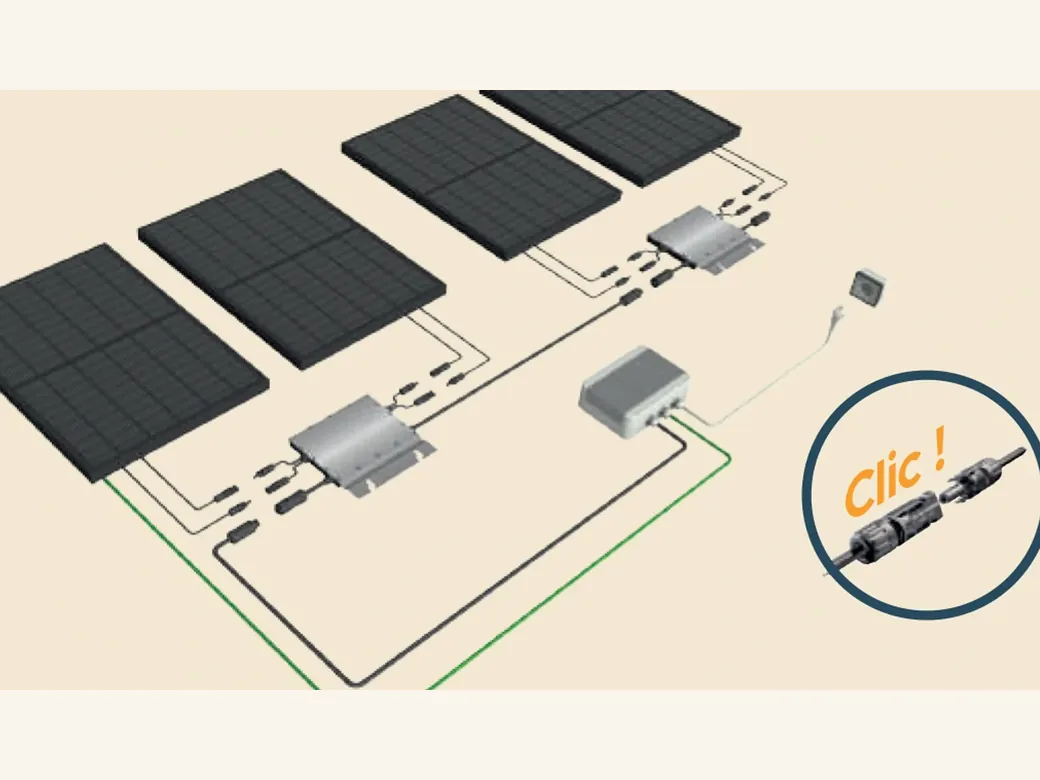 Schéma du câblage de l'auvent solaire : deux panneaux par micro-onduleur, micro-onduleurs en ligne, puis coffret AC