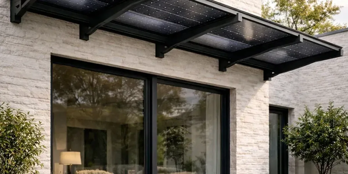 Kit auvent solaire photovoltaïque en pose paysage courant le long d'une façade au-dessus d'une baie vitrée