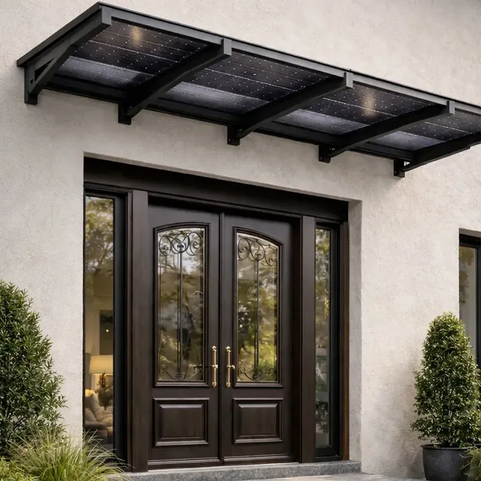 Auvent solaire photovoltaïque anthracite au-dessus d'une porte d'entrée en bois sur façade claire