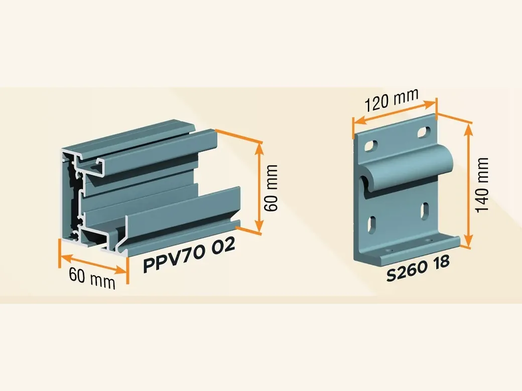 Sections cotées du profil PPV70 02 de 60 x 60 mm et de la platine murale S260 18 de 120 x 140 mm