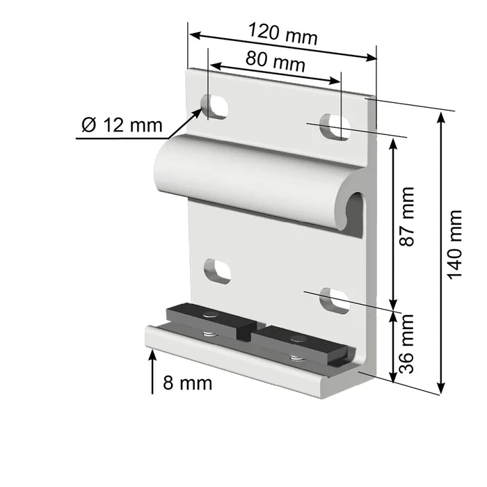Dessin coté du support mural de l'auvent fixe : 140 x 120 mm, perçage diamètre 12 mm