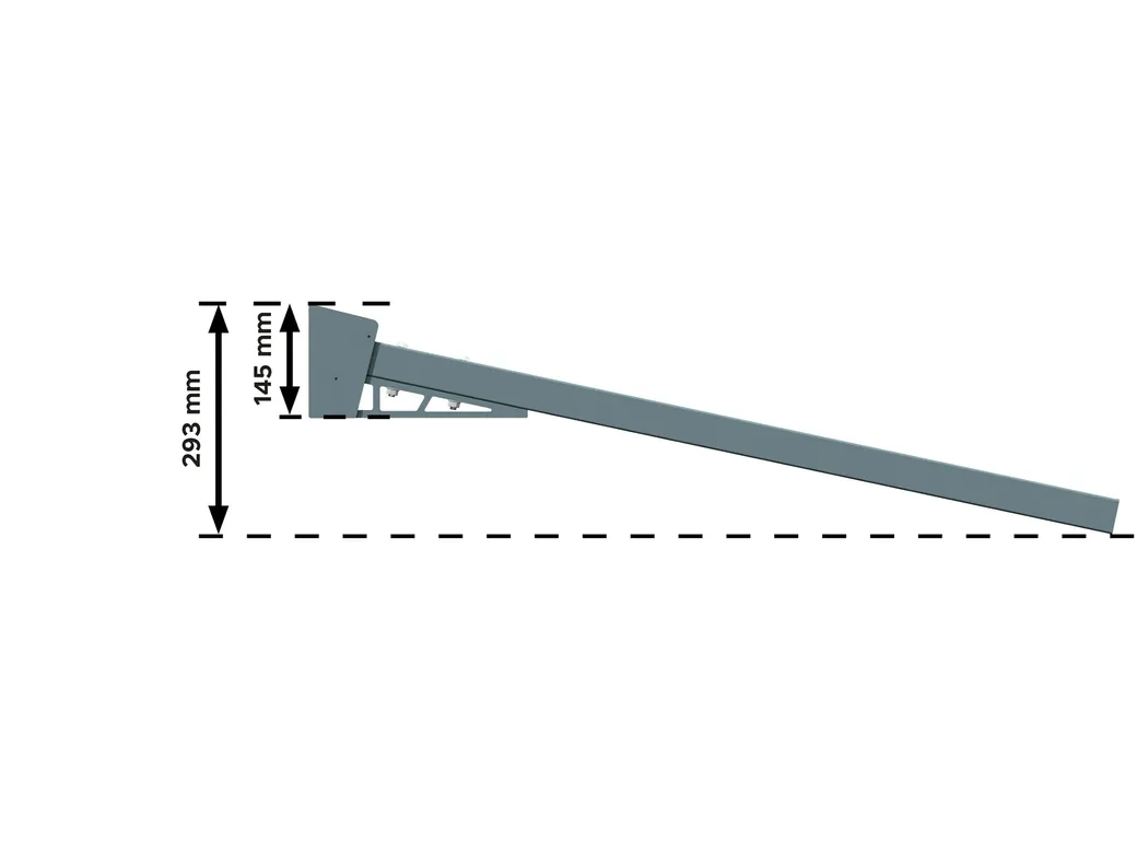 Coupe verticale de l'auvent fixe montrant la hauteur de structure au mur de 145 mm et la descente du nez