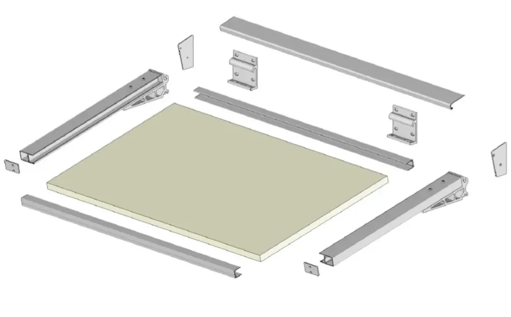 Vue éclatée de l'auvent fixe en aluminium : supports muraux, chevrons, cadre périphérique, panneau isolant Isotoit et capot de finition
