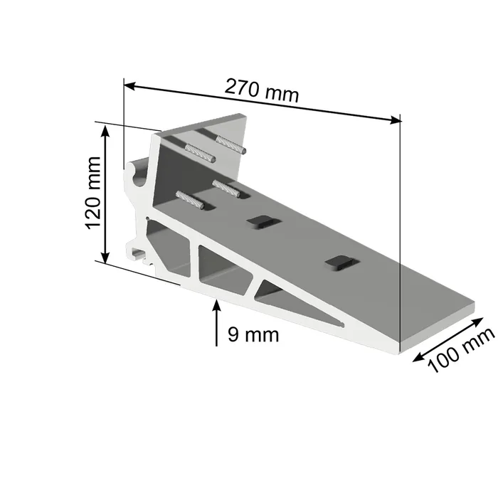 Dessin coté de la pièce support d'auvent ajourée : 270 x 120 x 100 mm, épaisseur 9 mm