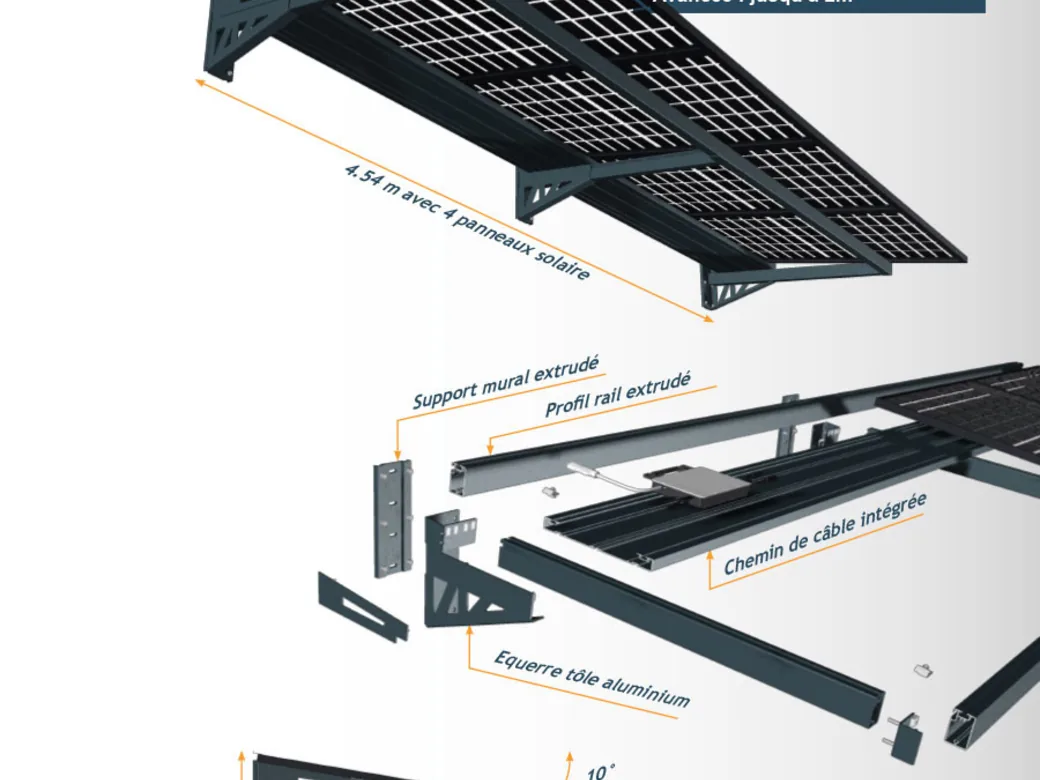 Schéma coté de l'auvent solaire : support mural extrudé, profil rail, chemin de câble intégré et équerre en tôle aluminium