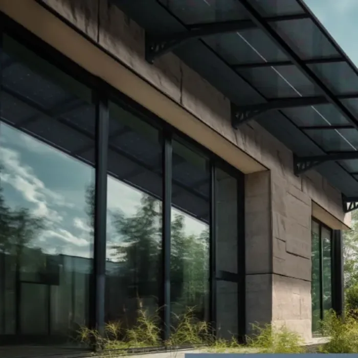 Auvent solaire photovoltaïque installé sur une longue façade vitrée de bâtiment contemporain