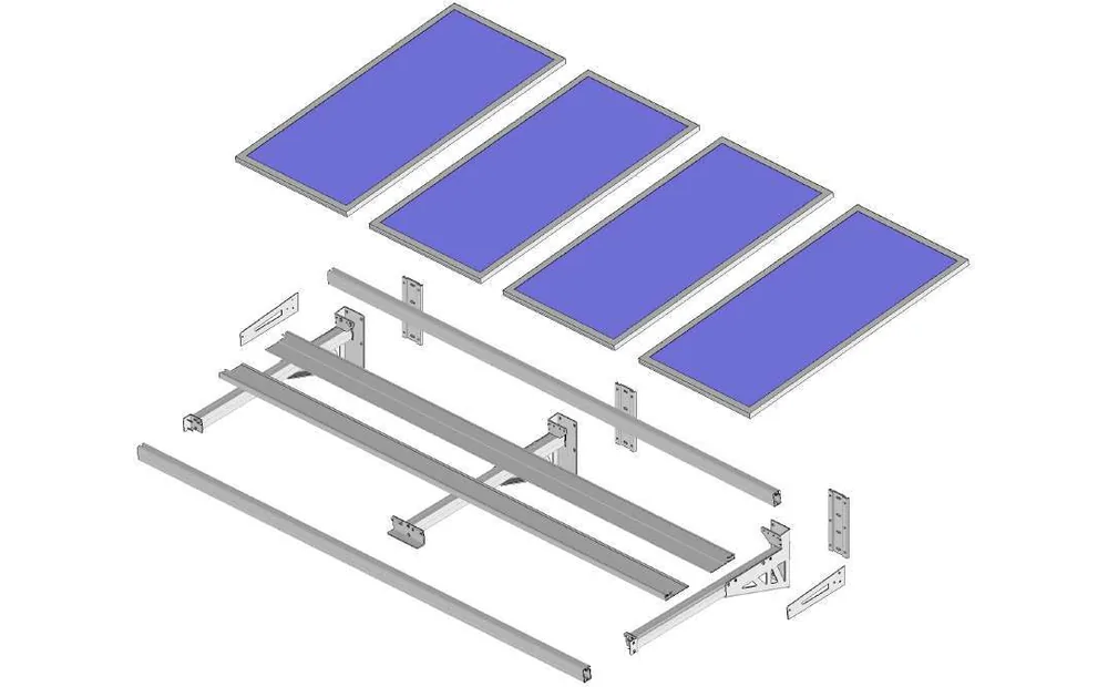 Vue éclatée de l'auvent solaire photovoltaïque : panneaux, traverses haute et basse, chemin de câble et équerres de fixation murale