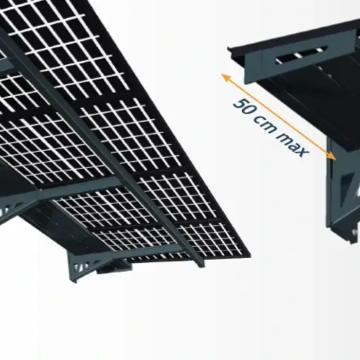 Schéma montrant le décalage possible de 50 cm des équerres latérales de l'auvent solaire