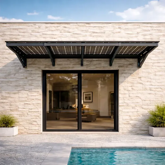 Auvent solaire photovoltaïque avec consoles centrales sur une façade en pierre au bord d'une piscine