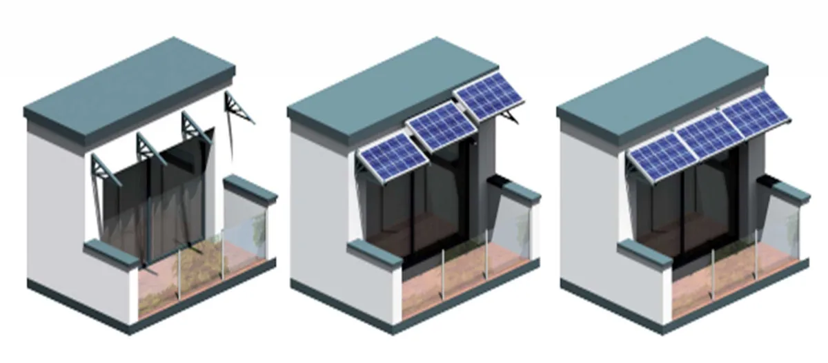 Schéma de plusieurs modules d'auvent solaire photovoltaïque posés en façade au-dessus d'ouvertures