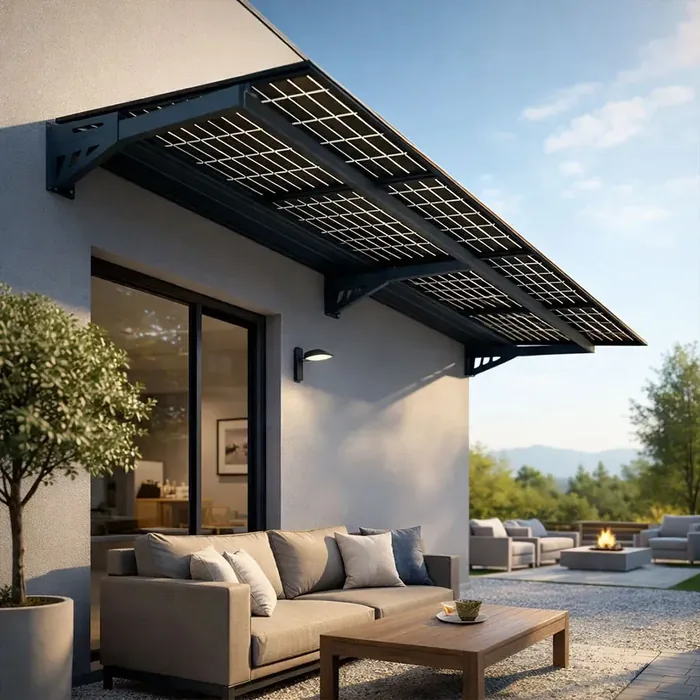 Auvent solaire photovoltaïque au-dessus d'une terrasse meublée sur une façade claire