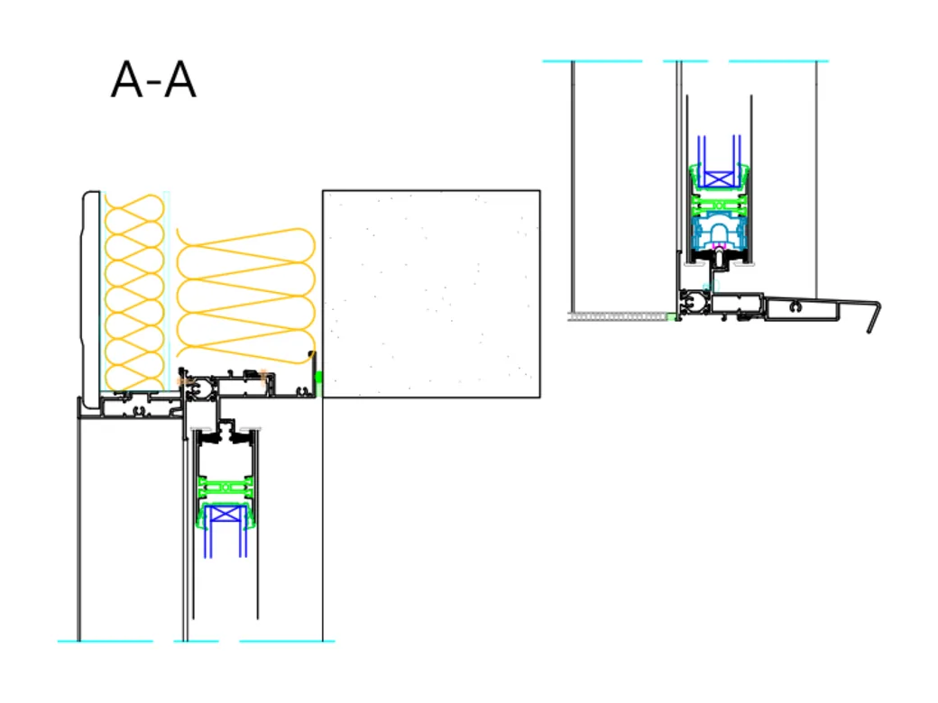 Coupe A-A du galandage d'angle : traverse haute avec isolation et seuil avec rail