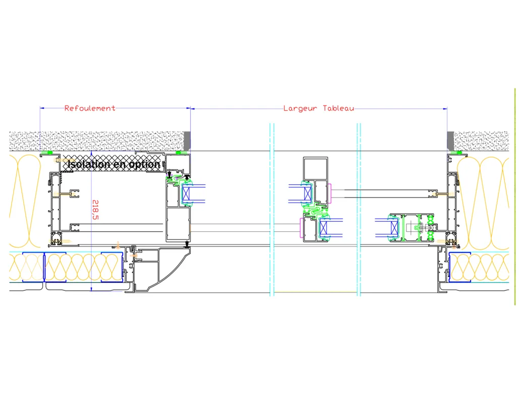 Coupe horizontale du galandage bi-rail 2 vantaux, doublage 210 mm, avec une seule poche de mur