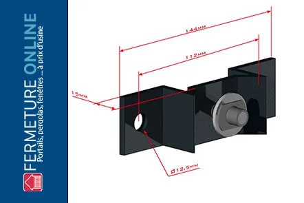 Croquis coté de la patte d'accroche pour pose en applique d'une clôture aluminium : 144 mm sur 112 mm