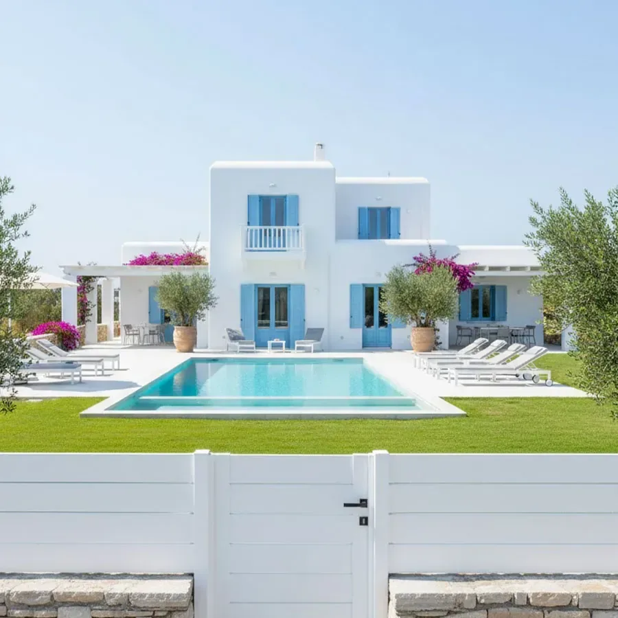 Clôture aluminium blanche RAL 9010 à grandes lames pleines avec portillon, devant une villa et sa piscine