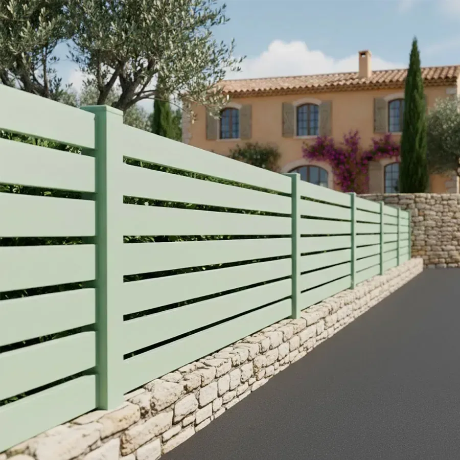 Clôture aluminium vert pâle RAL 6021 à petites lames ajourées sur un muret en pierre, maison provençale au fond