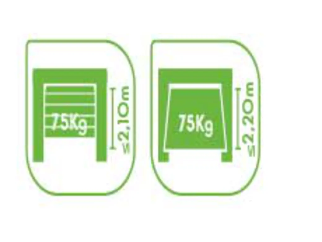 Pictogrammes Avidsen : porte sectionnelle 75 kg jusqu'à 2,10 m, porte basculante 75 kg jusqu'à 2,20 m