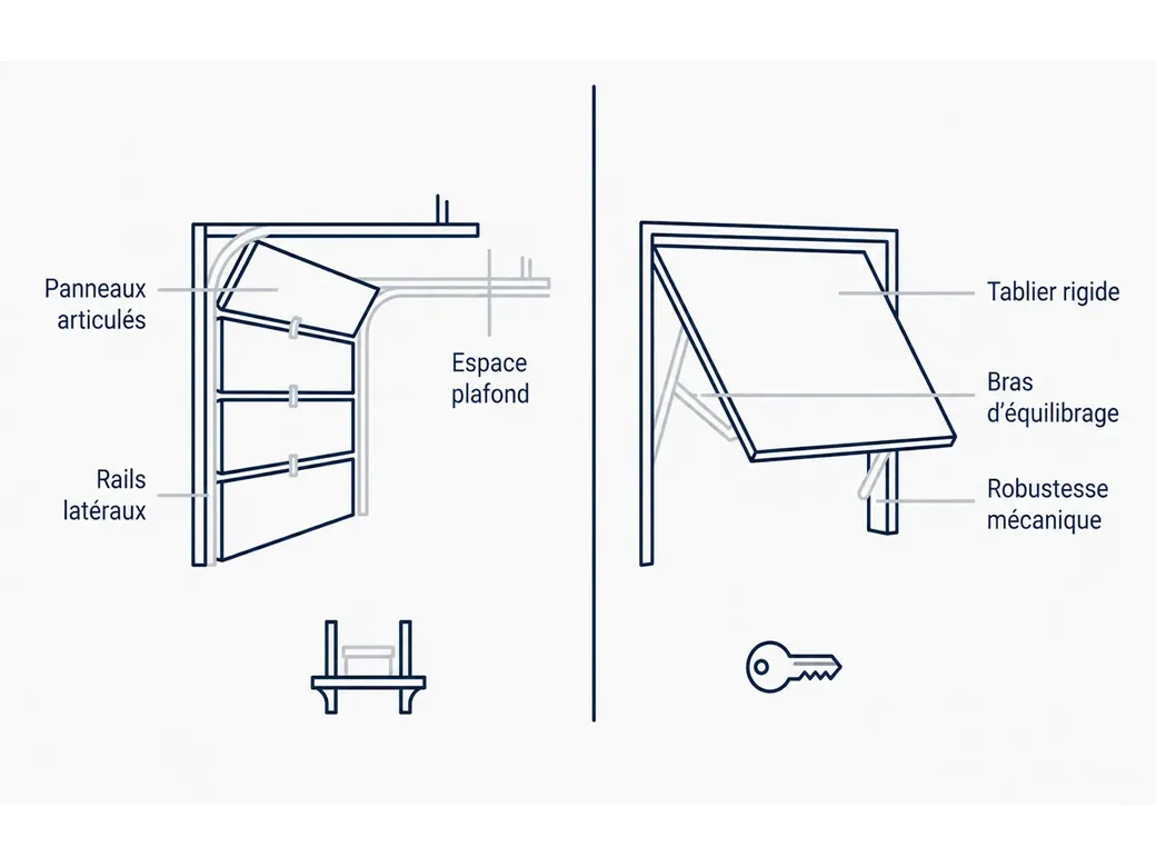Schéma comparant le fonctionnement d'une porte de garage sectionnelle à panneaux articulés et d'une porte basculante à tablier rigide