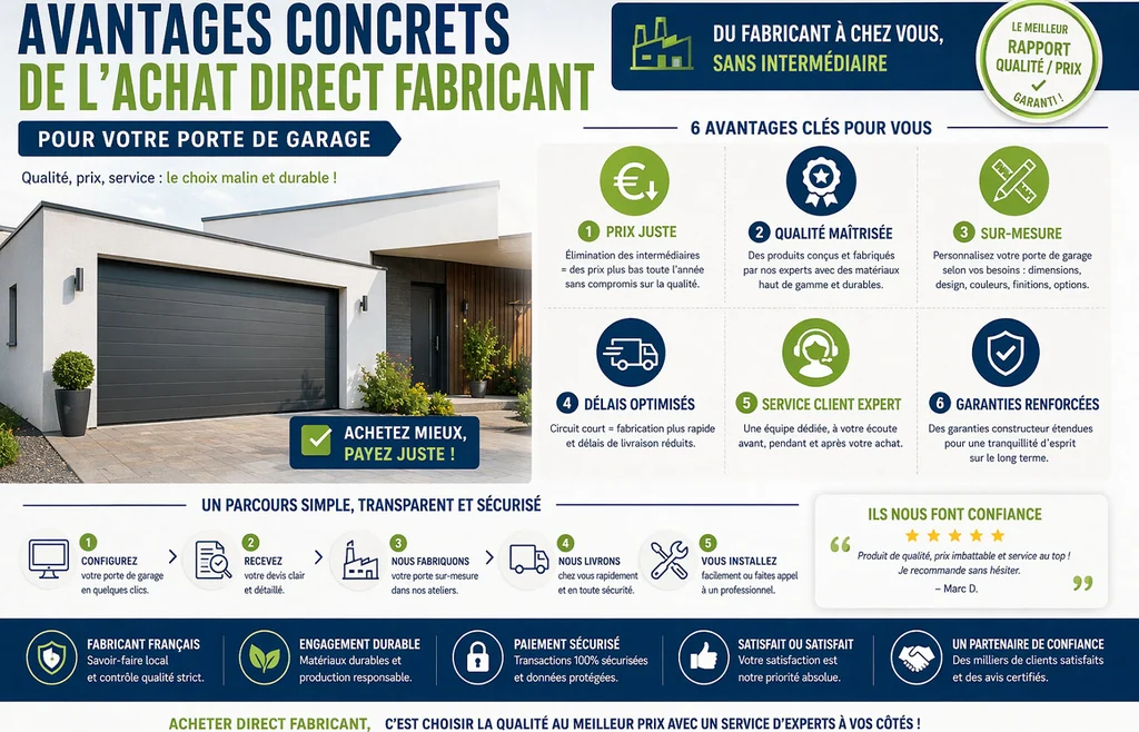 Les avantages concrets de l'achat direct fabricant pour une porte de garage : prix juste, qualité maîtrisée, délais optimisés, garanties renforcées