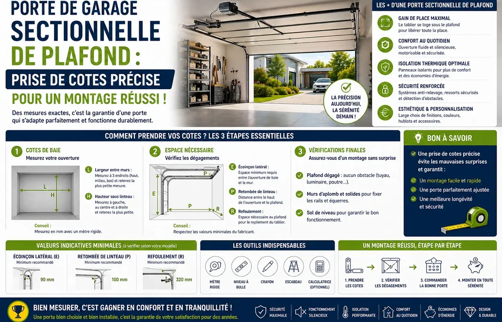 Prise de cotes d'une porte de garage sectionnelle de plafond : cotes de baie, espace nécessaire, vérifications finales