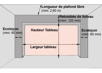 Schéma de prise de cotes d'une porte de garage : largeur et hauteur de tableau, retombée de linteau et écoinçons